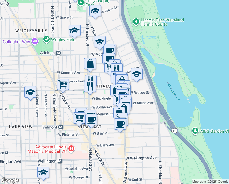 map of restaurants, bars, coffee shops, grocery stores, and more near 650 West Buckingham Place in Chicago