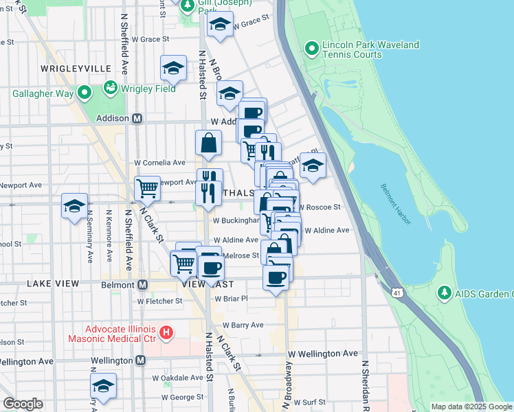 map of restaurants, bars, coffee shops, grocery stores, and more near 650 West Buckingham Place in Chicago