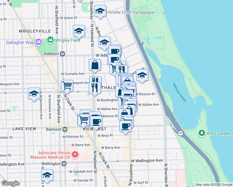 map of restaurants, bars, coffee shops, grocery stores, and more near 650 West Buckingham Place in Chicago