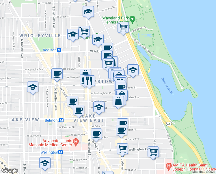 map of restaurants, bars, coffee shops, grocery stores, and more near 650 West Buckingham Place in Chicago