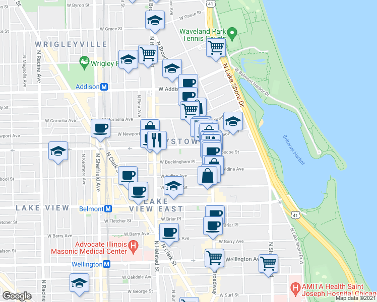 map of restaurants, bars, coffee shops, grocery stores, and more near 650 West Buckingham Place in Chicago