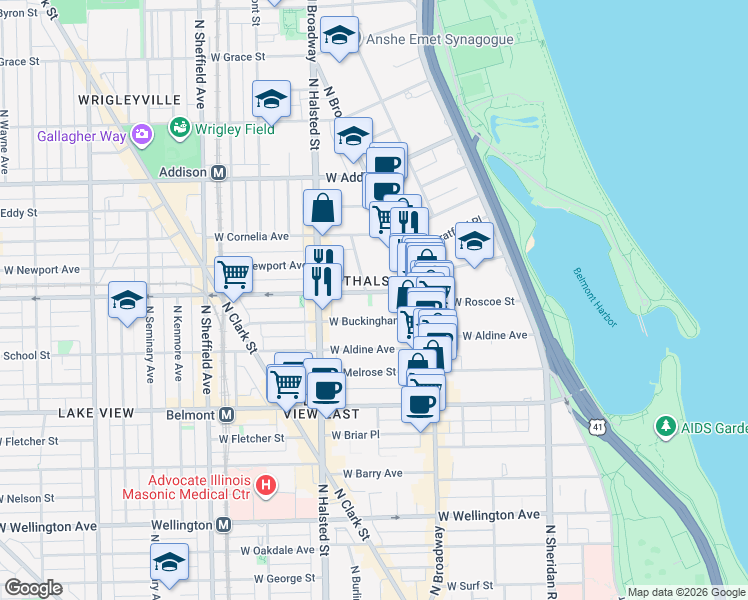 map of restaurants, bars, coffee shops, grocery stores, and more near 650 West Buckingham Place in Chicago