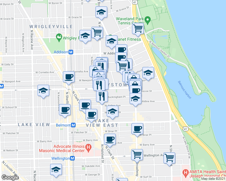 map of restaurants, bars, coffee shops, grocery stores, and more near 726 West Buckingham Place in Chicago