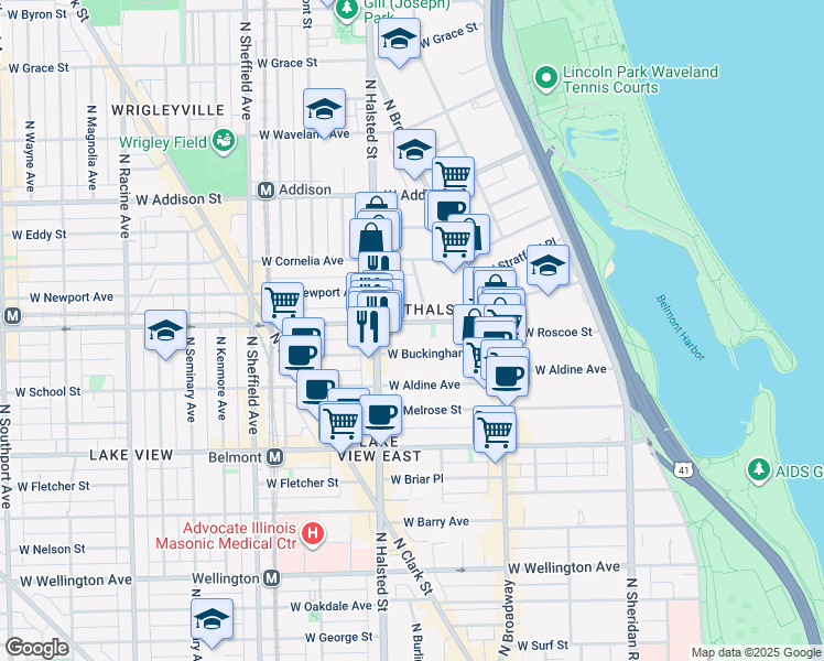 map of restaurants, bars, coffee shops, grocery stores, and more near 726 West Buckingham Place in Chicago
