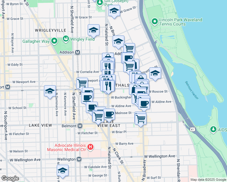 map of restaurants, bars, coffee shops, grocery stores, and more near 726 West Buckingham Place in Chicago