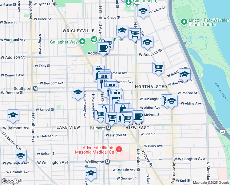 map of restaurants, bars, coffee shops, grocery stores, and more near 3341 North Clark Street in Chicago