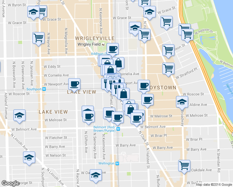 map of restaurants, bars, coffee shops, grocery stores, and more near 3341 North Sheffield Avenue in Chicago