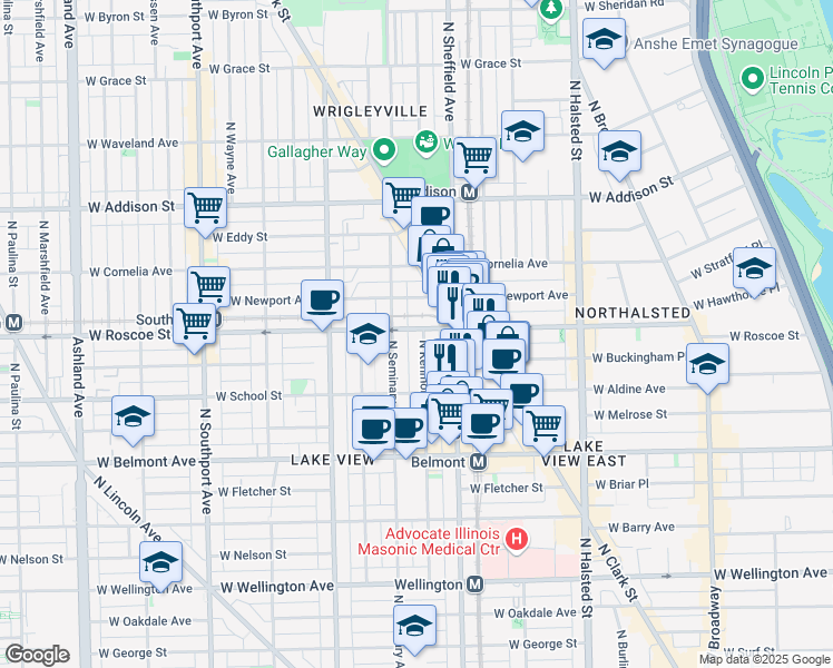 map of restaurants, bars, coffee shops, grocery stores, and more near 3344 North Kenmore Avenue in Chicago