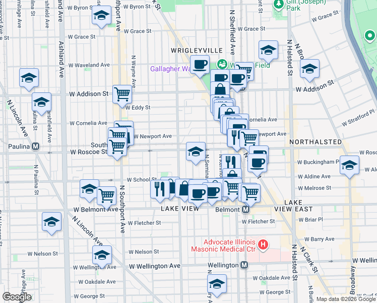 map of restaurants, bars, coffee shops, grocery stores, and more near 3339 North Racine Avenue in Chicago