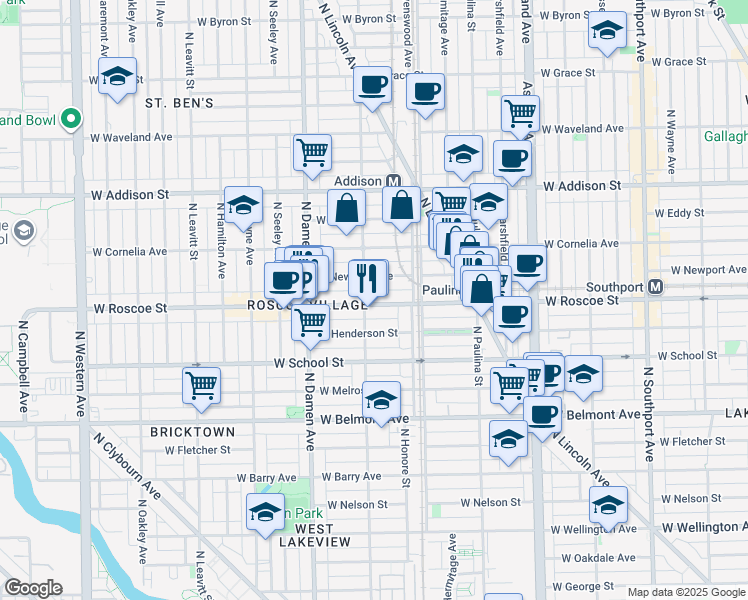 map of restaurants, bars, coffee shops, grocery stores, and more near 1825 West Roscoe Street in Chicago