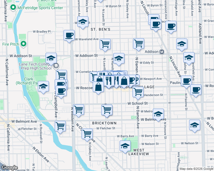 map of restaurants, bars, coffee shops, grocery stores, and more near 2139 West Roscoe Street in Chicago