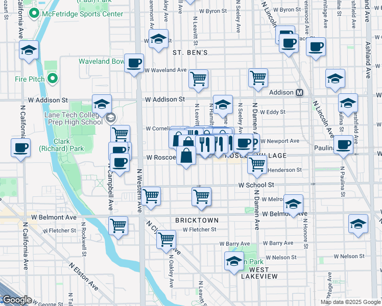 map of restaurants, bars, coffee shops, grocery stores, and more near 2215 West Roscoe Street in Chicago
