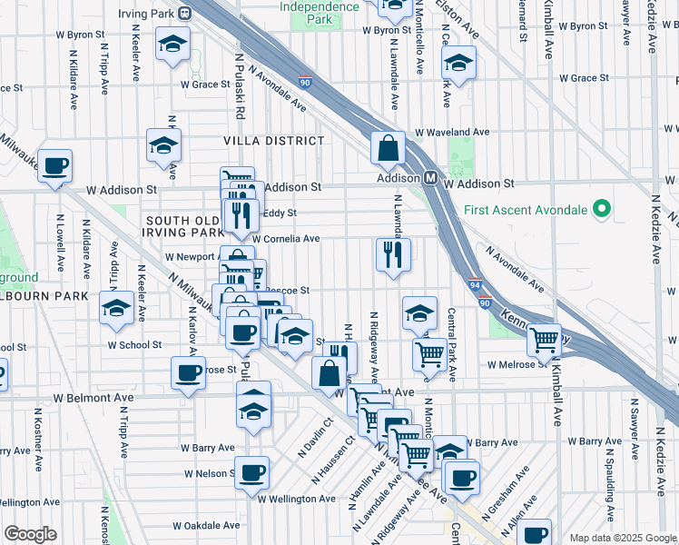 map of restaurants, bars, coffee shops, grocery stores, and more near 3816 West Roscoe Street in Chicago