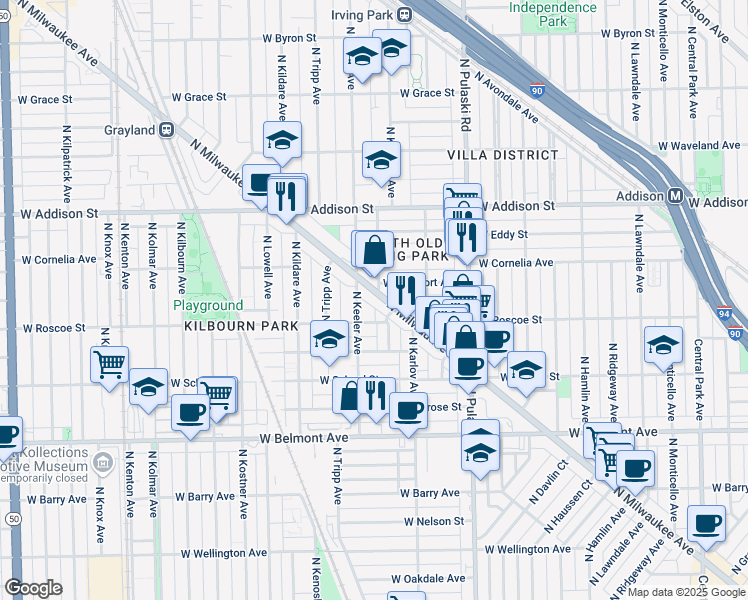 map of restaurants, bars, coffee shops, grocery stores, and more near 3407 North Keeler Avenue in Chicago