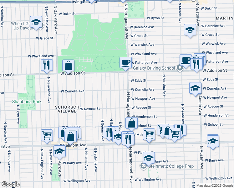 map of restaurants, bars, coffee shops, grocery stores, and more near 3434 North Nagle Avenue in Chicago