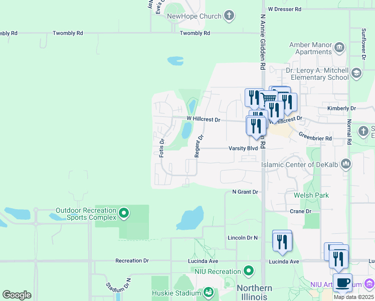 map of restaurants, bars, coffee shops, grocery stores, and more near 785 Regent Drive in DeKalb