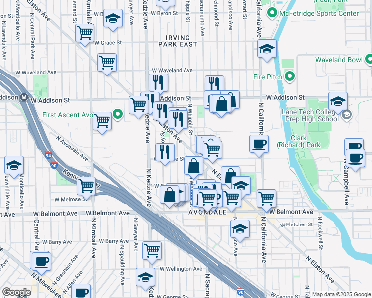 map of restaurants, bars, coffee shops, grocery stores, and more near 3440 North Elston Avenue in Chicago