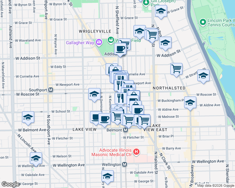 map of restaurants, bars, coffee shops, grocery stores, and more near 3341 North Sheffield Avenue in Chicago