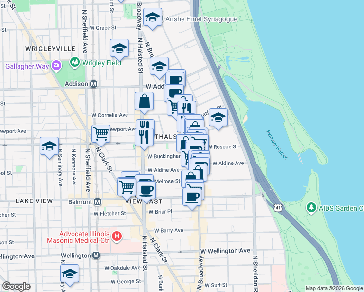map of restaurants, bars, coffee shops, grocery stores, and more near 627 West Roscoe Street in Chicago