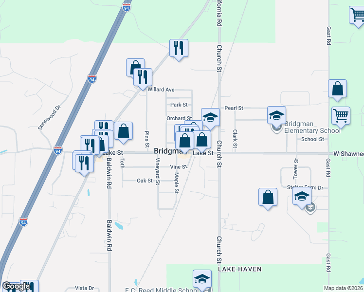 map of restaurants, bars, coffee shops, grocery stores, and more near 4228 Lake Street in Bridgman