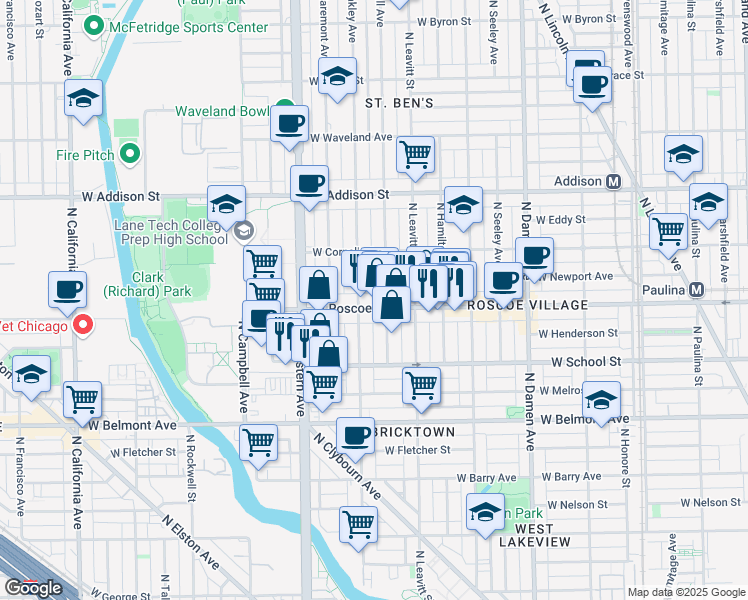map of restaurants, bars, coffee shops, grocery stores, and more near 2255 West Roscoe Street in Chicago