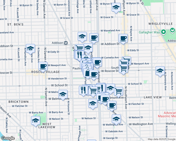 map of restaurants, bars, coffee shops, grocery stores, and more near 1650 West Roscoe Street in Chicago