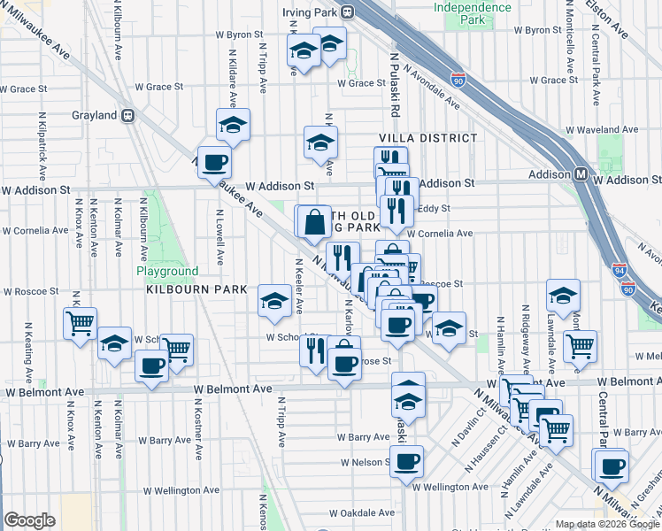 map of restaurants, bars, coffee shops, grocery stores, and more near 3377 North Kedvale Avenue in Chicago