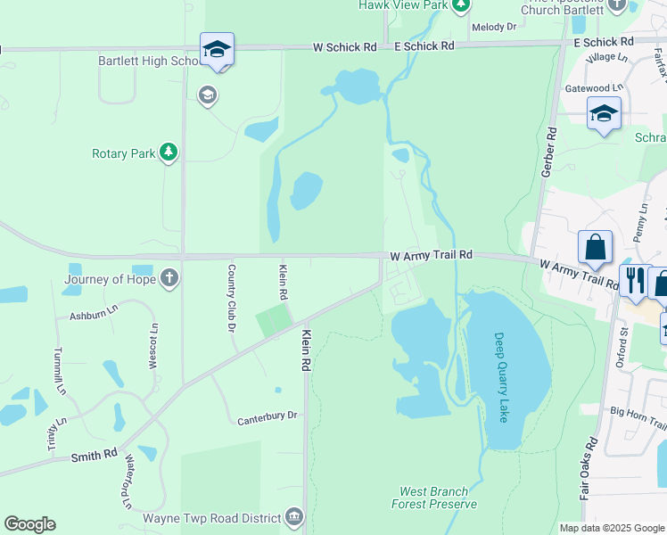 map of restaurants, bars, coffee shops, grocery stores, and more near 29W087 Army Trail Road in West Chicago