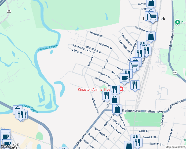 map of restaurants, bars, coffee shops, grocery stores, and more near 98 Roosevelt Avenue in Kingston