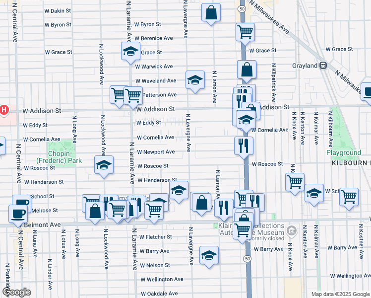 map of restaurants, bars, coffee shops, grocery stores, and more near 3419 North Lavergne Avenue in Chicago