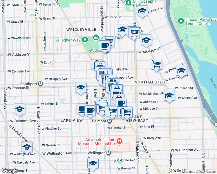 map of restaurants, bars, coffee shops, grocery stores, and more near 3341 North Sheffield Avenue in Chicago
