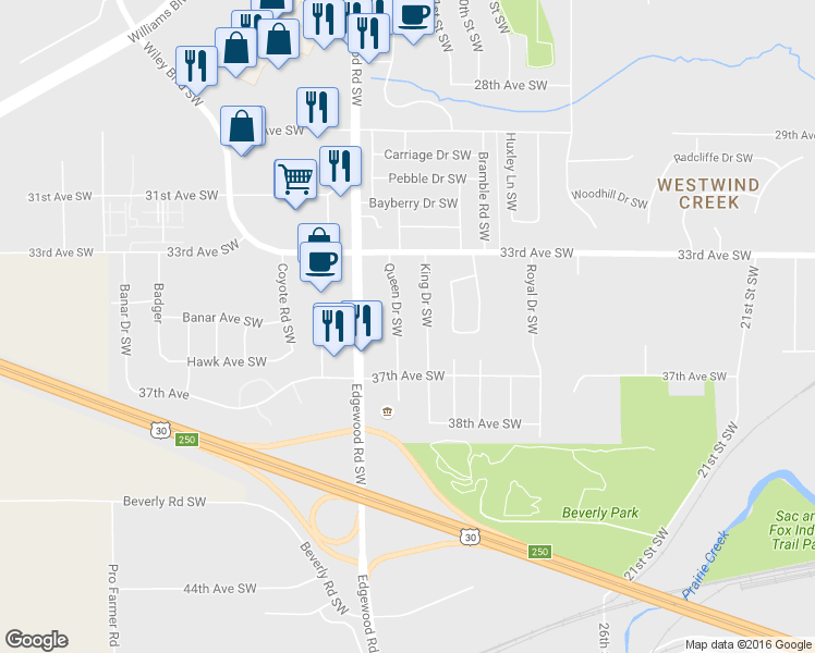 map of restaurants, bars, coffee shops, grocery stores, and more near 3507 Queen Drive Southwest in Cedar Rapids