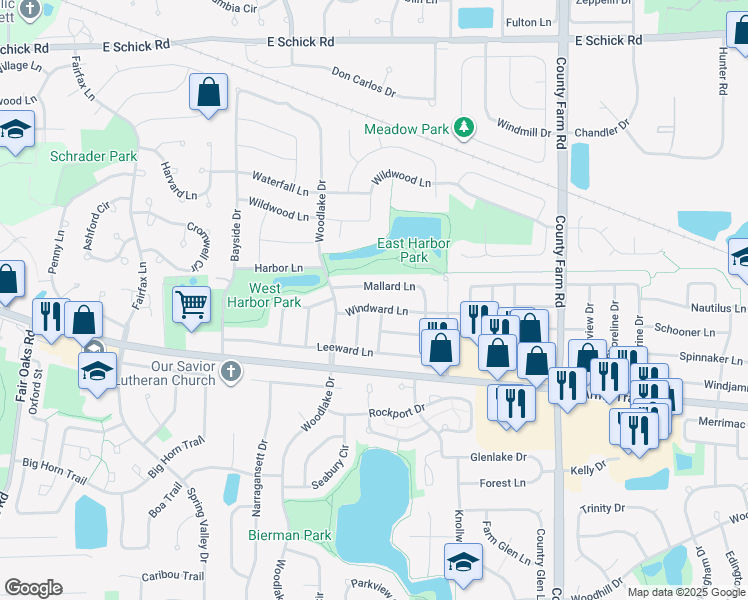 map of restaurants, bars, coffee shops, grocery stores, and more near 2122 Windward Lane in Hanover Park
