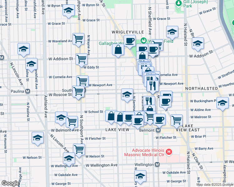 map of restaurants, bars, coffee shops, grocery stores, and more near 3339 North Racine Avenue in Chicago