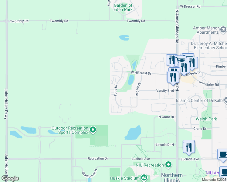 map of restaurants, bars, coffee shops, grocery stores, and more near 857 Fotis Drive in DeKalb