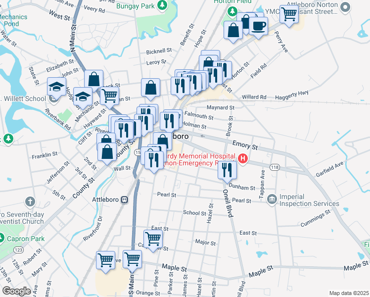 map of restaurants, bars, coffee shops, grocery stores, and more near 7 Howard Avenue in Attleboro