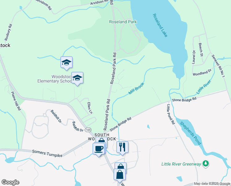 map of restaurants, bars, coffee shops, grocery stores, and more near 75 Roseland Park Road in Woodstock