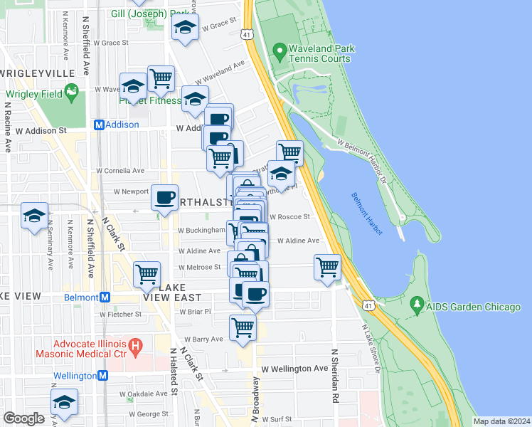 map of restaurants, bars, coffee shops, grocery stores, and more near 539 West Roscoe Street in Chicago