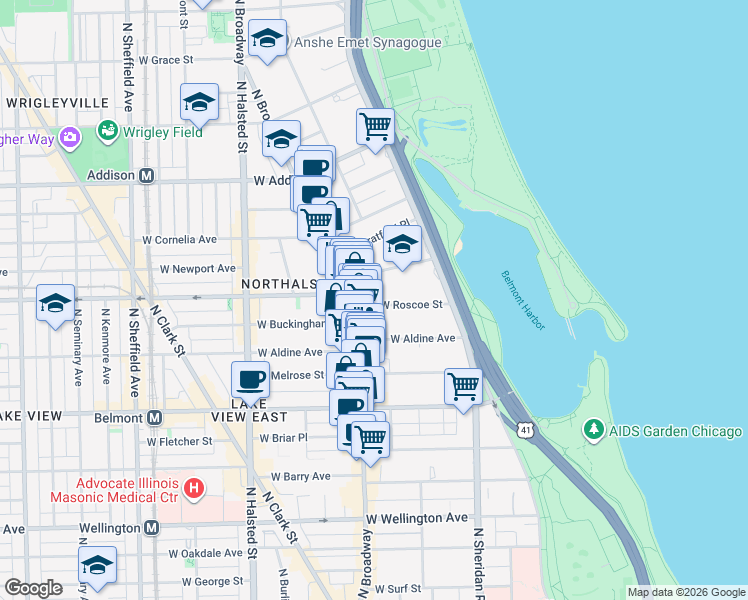 map of restaurants, bars, coffee shops, grocery stores, and more near 539 West Roscoe Street in Chicago