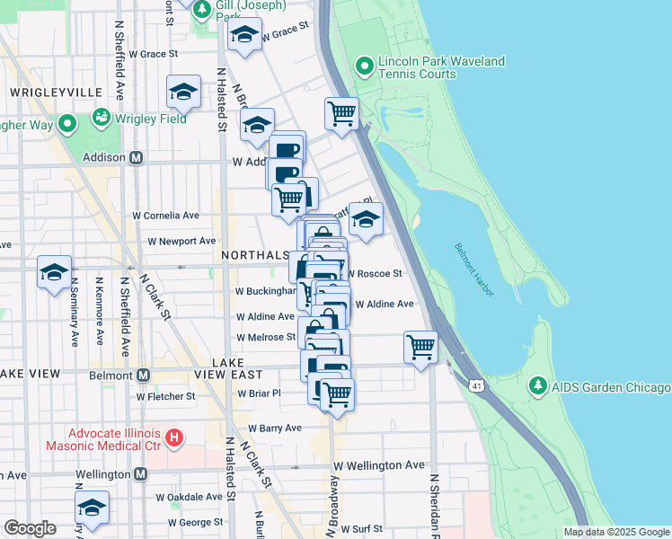 map of restaurants, bars, coffee shops, grocery stores, and more near 539 West Roscoe Street in Chicago