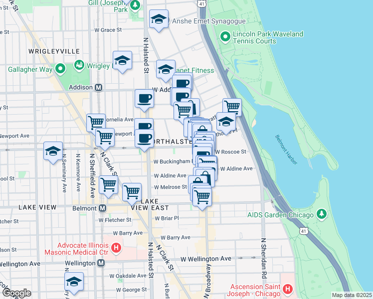 map of restaurants, bars, coffee shops, grocery stores, and more near 650 West Buckingham Place in Chicago