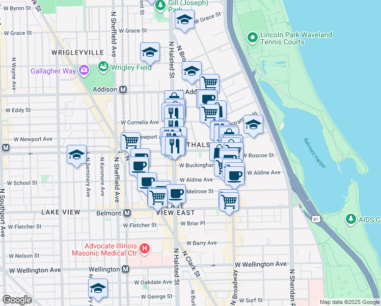 map of restaurants, bars, coffee shops, grocery stores, and more near 726 West Buckingham Place in Chicago