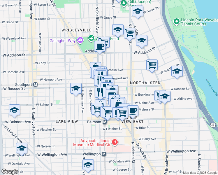 map of restaurants, bars, coffee shops, grocery stores, and more near 3341 North Clark Street in Chicago