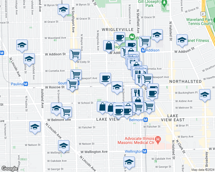 map of restaurants, bars, coffee shops, grocery stores, and more near 3339 North Racine Avenue in Chicago