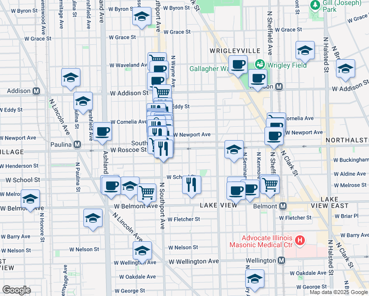 map of restaurants, bars, coffee shops, grocery stores, and more near 3346 North Lakewood Avenue in Chicago