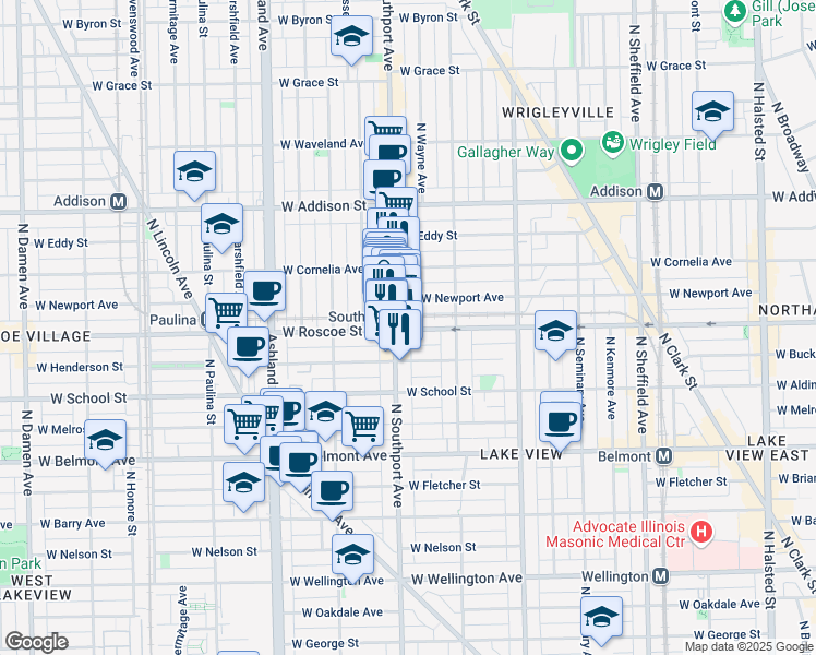 map of restaurants, bars, coffee shops, grocery stores, and more near 1341 West Roscoe Street in Chicago