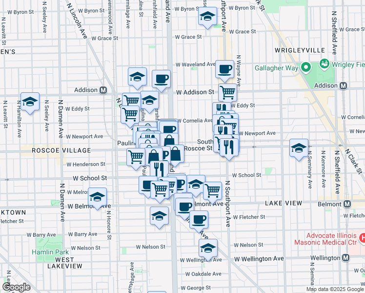 map of restaurants, bars, coffee shops, grocery stores, and more near 1525 West Roscoe Street in Chicago