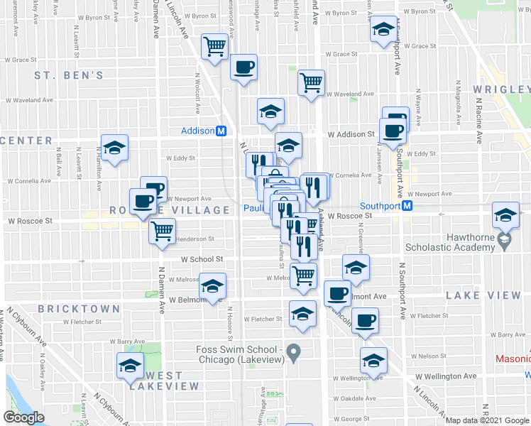 map of restaurants, bars, coffee shops, grocery stores, and more near 1721 West Roscoe Street in Chicago