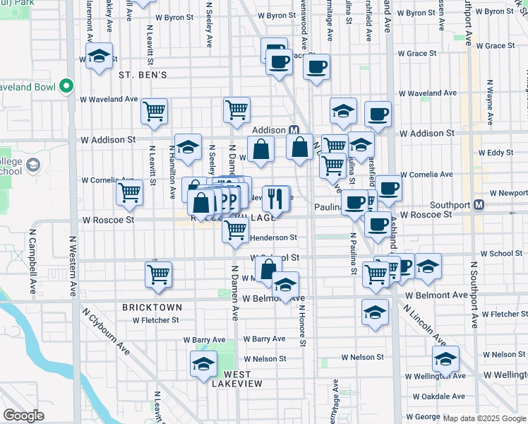 map of restaurants, bars, coffee shops, grocery stores, and more near 1911 West Roscoe Street in Chicago