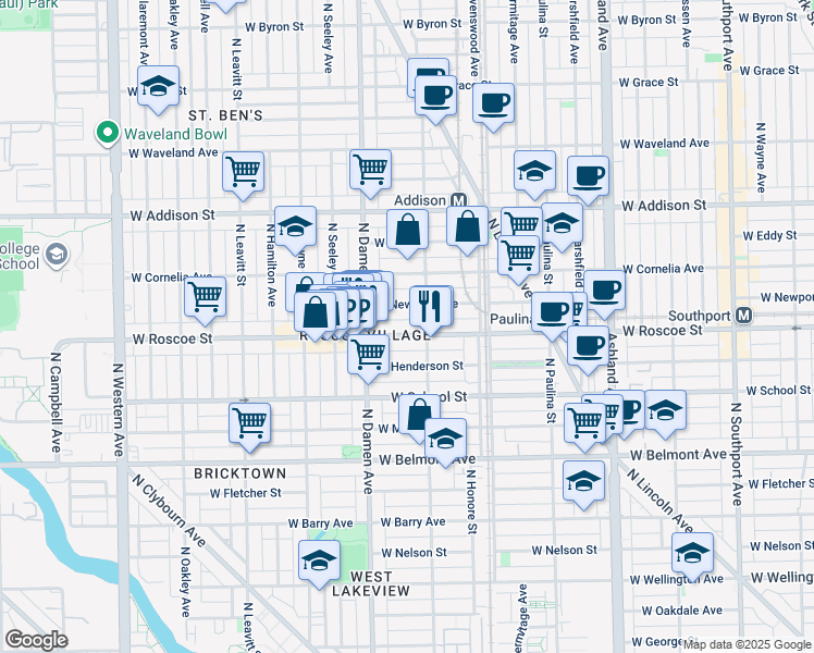 map of restaurants, bars, coffee shops, grocery stores, and more near 1911 West Roscoe Street in Chicago
